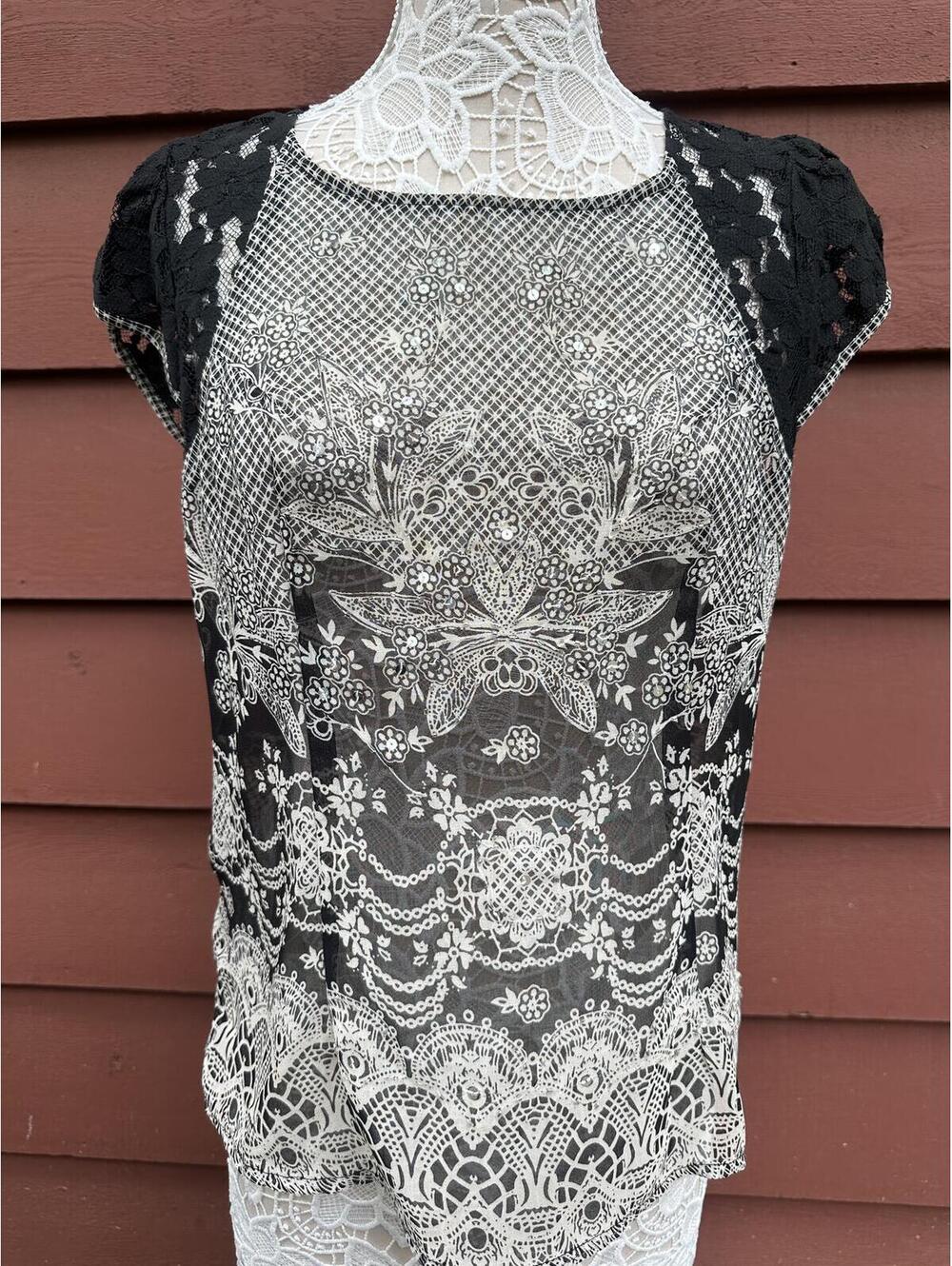 Y2K Fairycore Bila Black and White Lace Print Short Sleeve Blouse